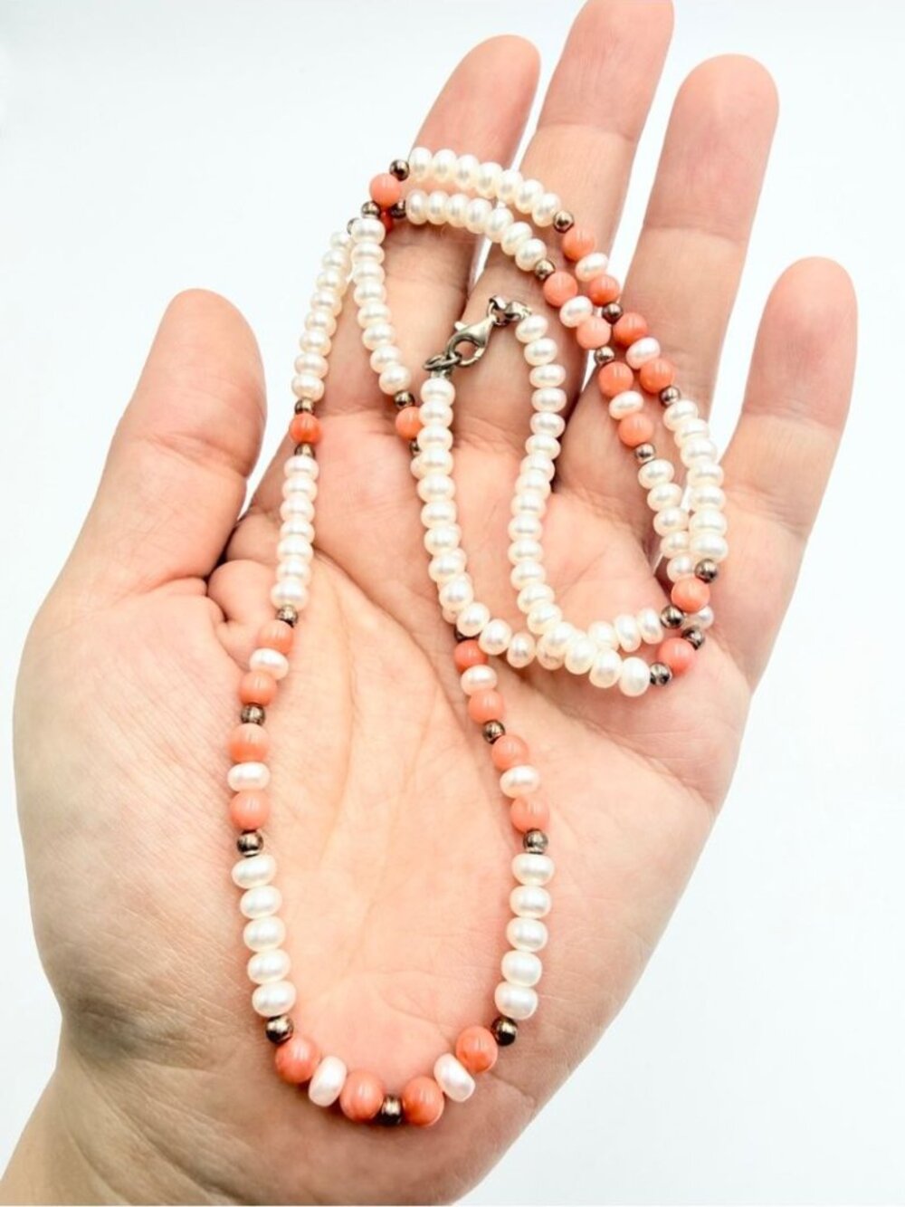 Genuine Freshwater Pearl & Pink Coral Bead Necklace White Pearl